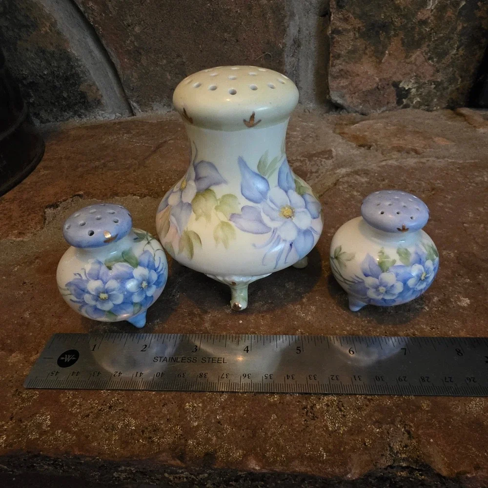 Vintage Hand Painted Japan Porcelain Sugar, Salt, Pepper Shakers Blue Floral